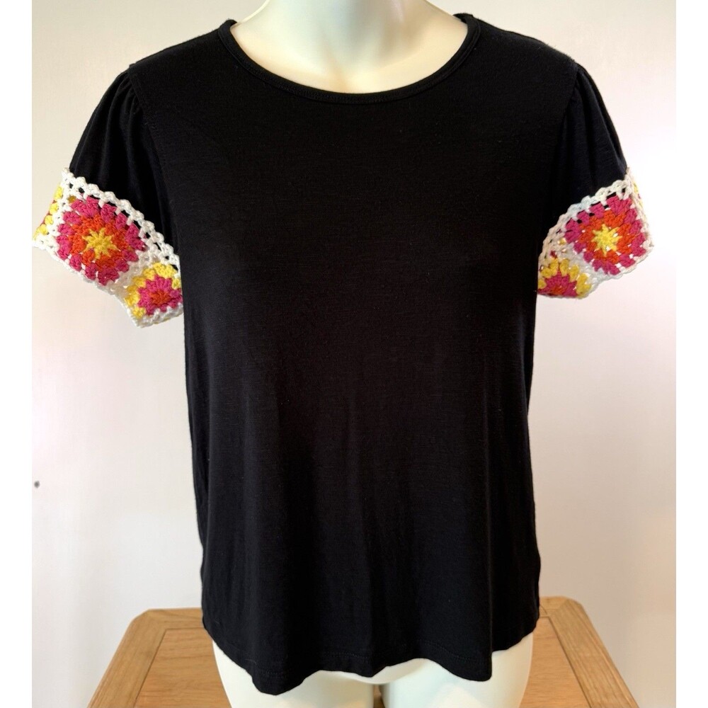 Anthropologie Top Size XS Black Granny Patch Crochet Sleeves Boho